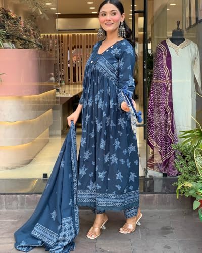 Image of Nermosa Women Printed Anarkali Kurta and Pant Set with Dupatta