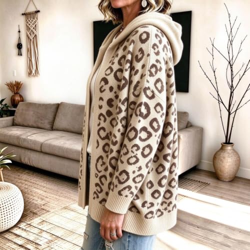Cheetah Print Sweater for Women Open Front Knit Cardigan with Hood Top - image 3