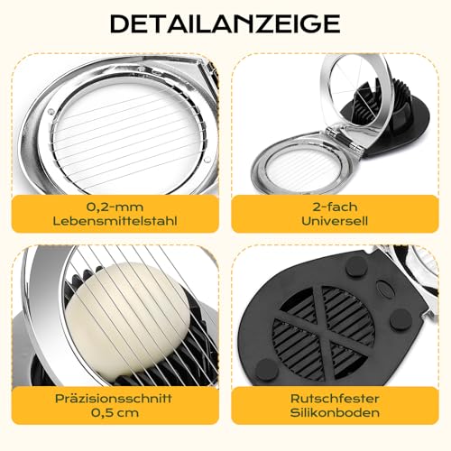 BIBURY Eierschneider aus Edelstahl, Eischneidewerkzeug, 2 in 1 Eierschneider Metall aus 304 Edelstahl, Professional Egg Slicer Schneider für Eier, Pilze, Erdbeeren, weiches Obst(spülmaschinenfest) 6