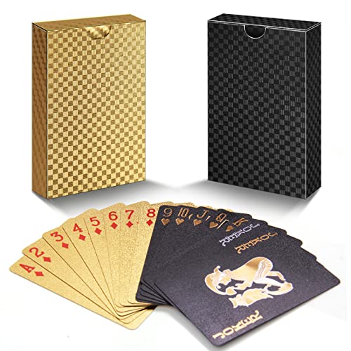 Spielkarten 2 Kartendecks, Einzigartig kühles Schwarzes Poker Wasserdichtes PET Plastik Spielkarten, Premium Kartendeck Standardgröße für das Geschenkpartyspiel(Gold und Schwarz)
