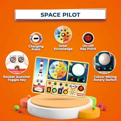Image of Space Pilot Learning BusyBoard (3-7 Years) | Planets Names & Rocket Launch Sound with LED Color Mixing Lights | Sensory Development and Imagination | Interactive Educational Toy
