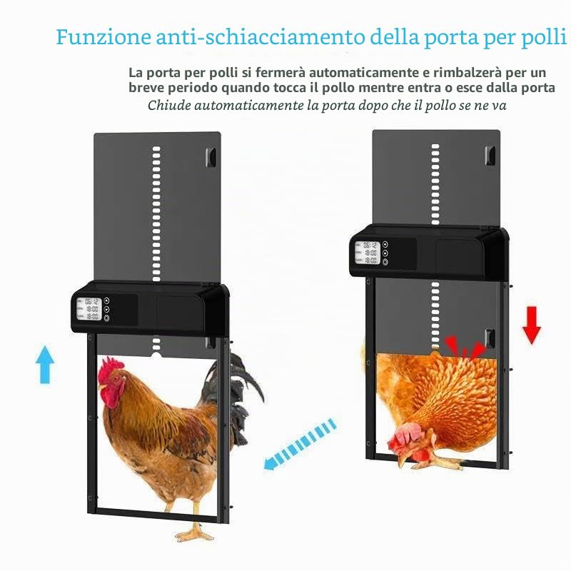 Porta automatica per pollaio con schermo LCD programmabile impermeabile, porta per pollaio automatica con protezione anti-schiacciamento, timer e allarme batteria scarica (nero)