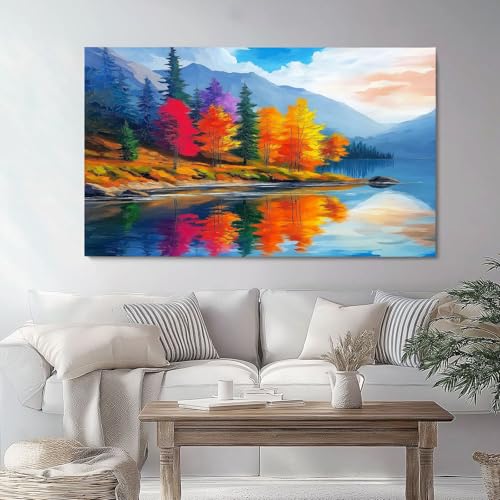 Lienzos decorativos Naturaleza Pintura Al Óleo A Orillas Del Lago, Cuadro sobre lienzo 40 x 30 cm para Salon Dormitorio Cocina Pared decorativos, póster artística Azul Decoracion