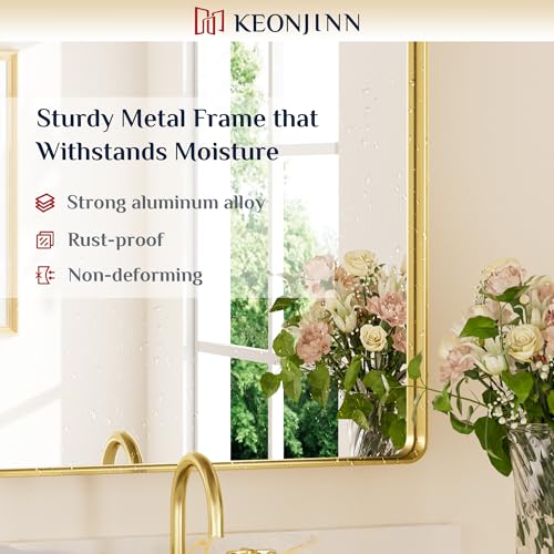 Keonjinn Spiegel Gold 120x75cm, Badspiegel mit Metallrahmen, Gehärtetes Glas Rechteckiger Bad Wand Spiegel Flur für Badezimmer, Wohnzimmer… – Ansicht 3