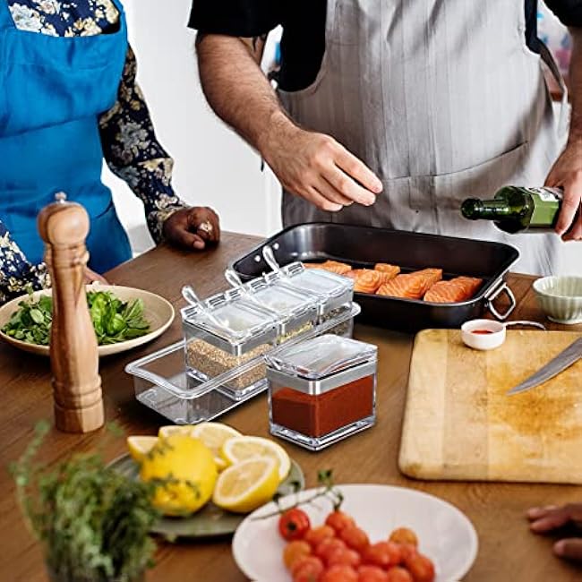 2 Set Acrylic Seasoning Organizer Box 8 Pcs Clear Seasoning Rack Spice Pots Condiments Containers with Lids and Spoons Storage Container Spice Jar for Salt Sugar Cruet Kitchen Cooking Organizer