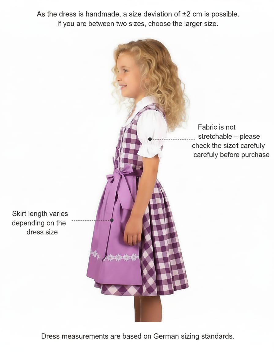 Mädchen Dirndl Set 3-teilig Klassisches Kinder Trachtenkleid mit Bluse & Schürze – Oktoberfest/Festlich – 92–152