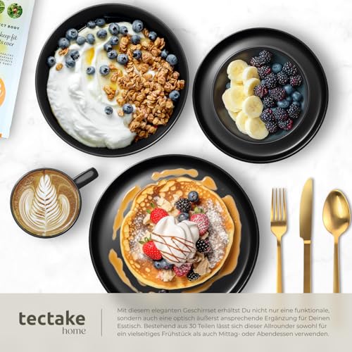 tectake® Kombiservice, Geschirrset, Tafelservice 6 Personen, Steingut Geschirr Set schwarz, Teller Set mit Schalen, Kaffeetassen, Speiseteller, Frühstücksteller, tiefe Teller und Schüsseln - 30-tlg.