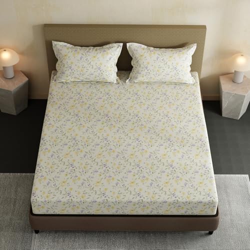 Image of Layers 100% Cotton Bedsheet for Double Size Bed | Lumina Floret Collection | 144 TC Soft & Breathable | Floral Print with 2 Pillow Covers | Wrinkle Free & Colorfast | 3 Piece Bedding Set - Multicolor