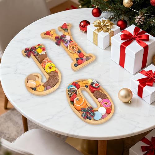 Image of 3PCS Bamboo Christmas Decorations Letters Charcuterie Board Box-(with 14 Balloons and Bow) Joy Charcuterie Letters Fillable Food Christmas Party Supplies Table Decoration Food Tray Platter