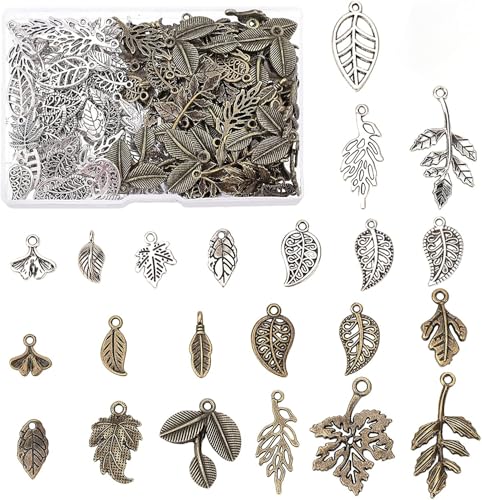 PH PandaHall 184 Stück 23 Stil Anhänger Blatt-Charms, tibetische Baumblätter, Anhänger aus Legierung, für Halskette, Armband, Ohrringe, Schmuckherstellung, Silber/Bronze antik