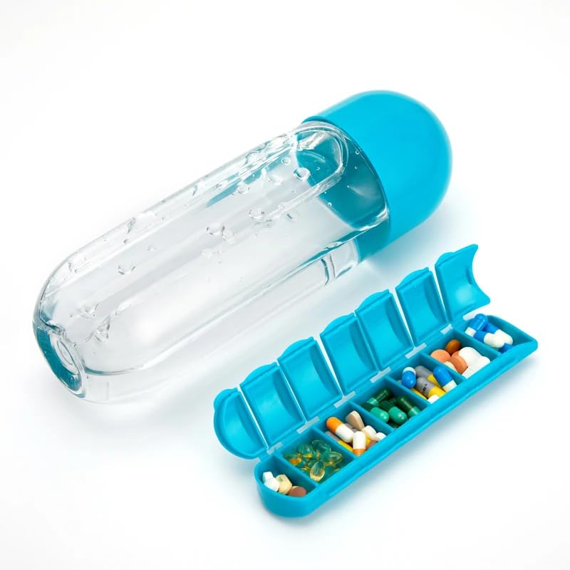 VIVITO 2-in-1 Pill Bottle and Water Bottle Organizer for Daily Medication Hydration - Pill Storage, Sports Water Bottle with Pill Box Organizer 7 Days Planner Box Pill Organizer 600ml (Blue) 2