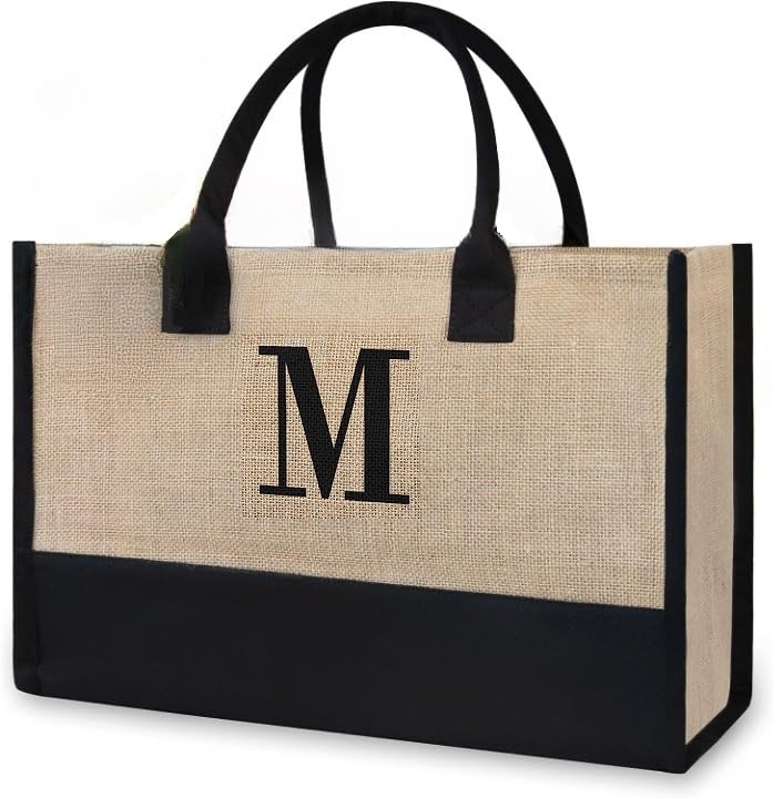 MyOrganicBagHandmade Personalized Initial Monogrammed Canvas/Jute Tote Bag- Great Gifting Bag (Open Top-No Zip)- Made in India