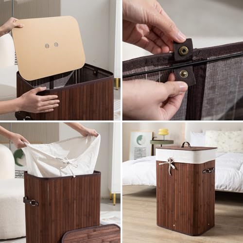 Image of HOKIPO Eco-Friendly Foldable Bamboo Laundry Basket Hamper with Lid, Large - 81 Liter, Coffee Brown (AR1538)