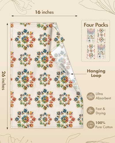 Image of Miss Adola 4pcs Flour Sack Kitchen Towels - 16x26 Inch Cotton Dish Towels Set of 4 with Hanging Loop Reusable Geometric Boho Modern Retro Tea Towel Absorbent Dishcloths Home Decor, Starburst Design