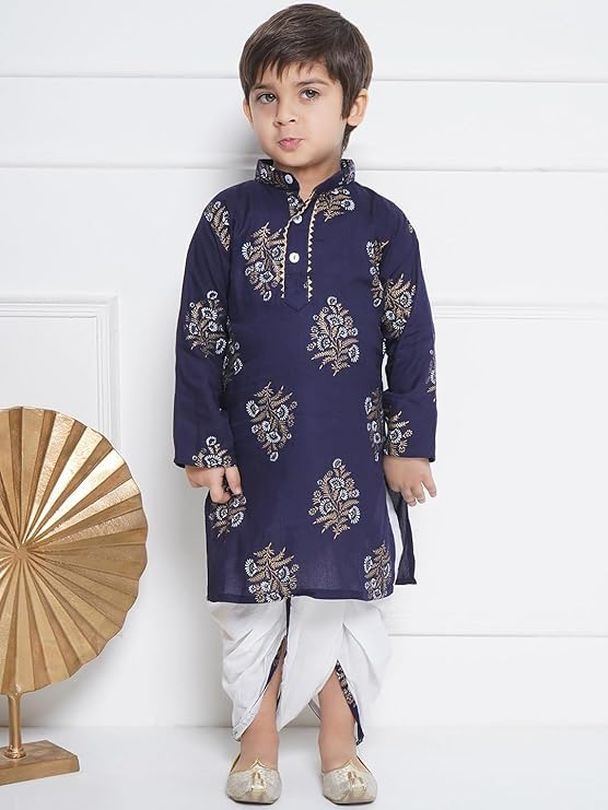 Image of AJ DEZINES Kids Cotton Printed Dhoti Kurta Set For Boys | Fashionable Bandhani Print Kurta | Stylish Boys Kurta Set | Perfect For Festivals Wedding & Family Function Wear