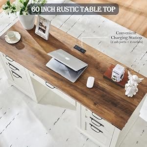 RedLemon 60" Farmhouse Executive Desk with Drawers, Wood Home Office Desk w/Charging Station, Keyboard Tray, File Drawer, Storage Cabinet, Rustic Computer Writing Desk (Antique White) RedLemon 60 Farmhouse Executive Desk with Drawers Wood Home Office Desk wCharging Station Keyboard Tray File Drawer Storage Cabinet Rustic Computer Writing Desk Antique White