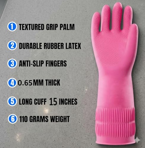 Image of Pink Multipurpose Waterproof Rubber Gloves for Kitchen, Dishwashing & Gardening - Reusable, Non-Slip, Latex-Free Scrubbing Gloves for Household Cleaning, Pet Care & Painting- 15 INCH. (2 PAIR)