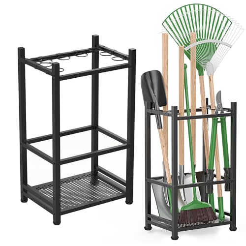 HYSHLC Garden Tool Organizer, Metal Yard Tool Tower Rack for Garage Organization and Storage, Heavy Duty Garden Tool Organizer for Yard, Patio, Shed, Indoors and Outdoors(Black)
