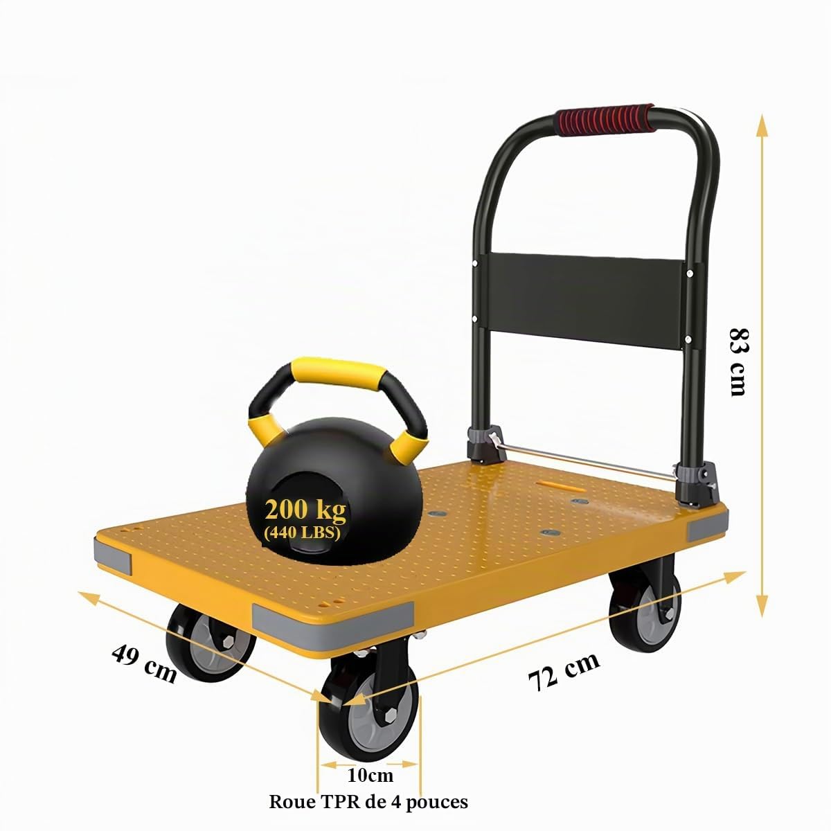 Chariot Pliable à roulettes 200 kg, Chariot Plateforme avec Roue de Secours, BaiYouMei 72x50cm Grande Surface Chariot de Transport, Portable Trolley/Aide au Transport avec roulettes pivotantes