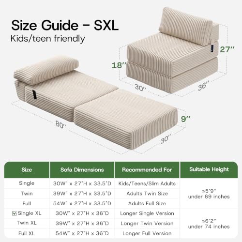 Image of Convertible 4-in-1 Folding Sofa Bed Boneless Sleeper Chair Couch Foldable Chaise Lounger & Mattress Pocket Coils+Foam Fill Medium Support, No Assembly for Living Room /Bedroom, Single XL Beige