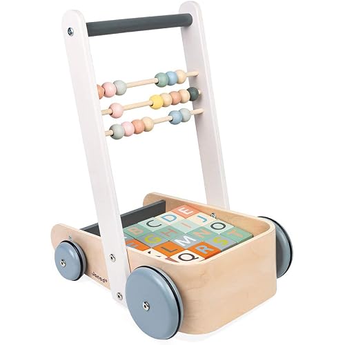 Janod Sweet Cocoon ABC Block Cart Push Toy with 20 ABC Blocks - Ages 1+ - J04408