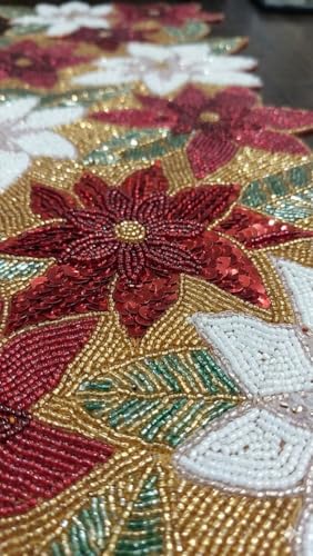 Image of Beautiful Beaded Table Runner Craftsmanship |Pack of 1 Measure 13 * 36 Inches| Thanksgiving - Occasional Decoration ( Multi Color Multi Flowers Grey )