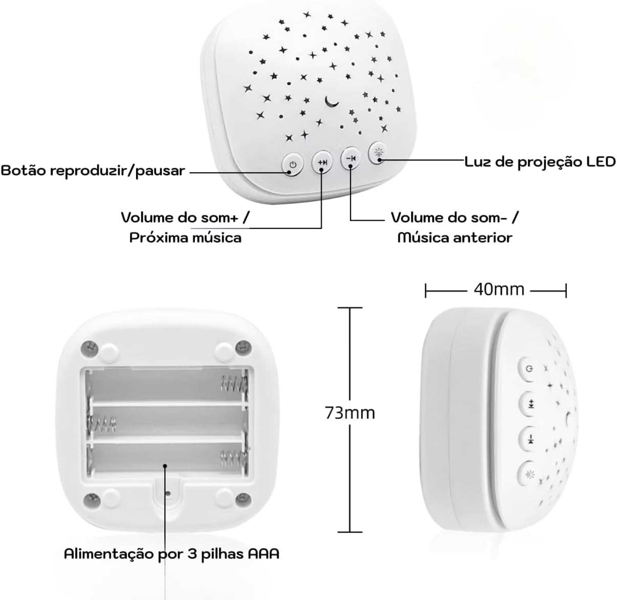 Ruído Branco Bebê Dorminhoco com 10 Sons Calmantes e Luz Noturna Portátil
