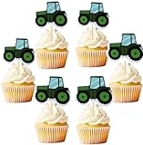 Farm Green Tractor Cupcake Toppers,Tractor Party Cake Decorations Farm Tractor Theme Decorations Tractor Happy Birthday Party Sign Decorations for Farm Themed Birthday Party Supplies(24PCS)
