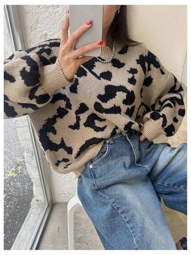 GORGLITTER Women's Leopard Print Sweaters Fall Sweater 2025 Vintage Cheetah Long Sleeve Knit Crewneck Pullover Top4