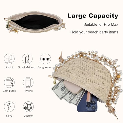 Comeon Women Straw Shoulder Handbag Pearl Conch Summer Beach Bag Chic Hand-Woven Straw Clutch Purse for Wedding Vacation3