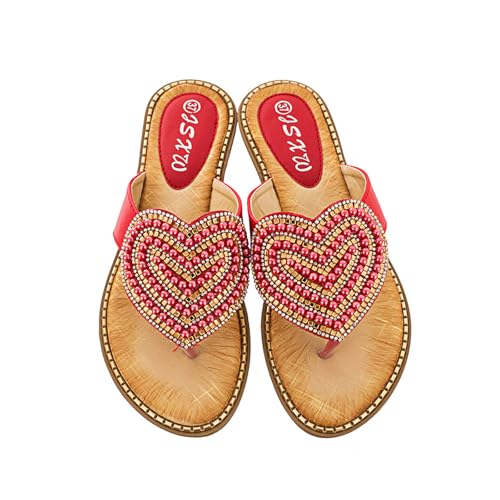Womens Wide Width Comfy Flat Sequin Beaded Heart Shaped Jewelry Summer Beach Travel Fashion Flip Flops Sandals Slipper Shoes