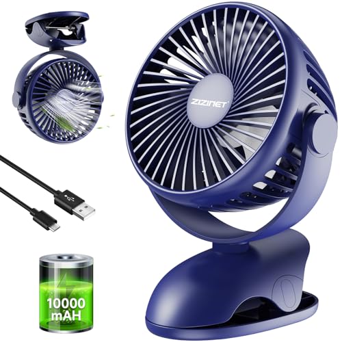 ZIZINET Ventilador Portatil,10000mAh Ventilador con Pinza Recargable y Cable USB Ventiladores Pequeño Giratorio de 720 °de Mesa con 4 Velocidades Potente Pinza para Oficina y Campaña