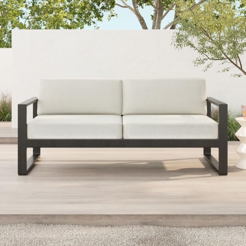 Image of Outdoor Sofa (or Outdoor Loveseat /Patio Sofa) Matte Black Aluminum Frame with Beige Outdoor Cushions. Sleek Open-Frame Architecture with Weather-Resistant Deep-Seating Configuration.