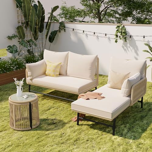 Jaxenor 3-4 Sitzer Lounge Möbel Outdoor mit 2 Zweisitzer, Gartenlounge Outdoor mit Verstellbaren Füßen, L-förmiges Garten Loungemöbel Set mit Tisch, Balkon Sofa, Inkl. Sitz- und Rückenpolster, Beige