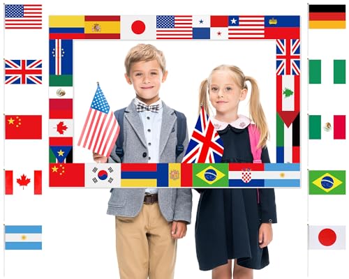 Foam International Flag Photo Props with Handheld Flags International Party Supplies Multicultural Around the World Party Decor World Flags Board Picture Frame for Country Sports Events 32 x 22 inch