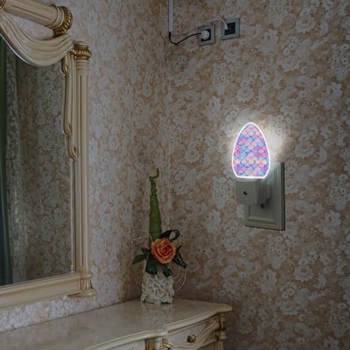 Image of Watercolor Fish Scales Night Light Purple Pink Blue Mermaid Scales Underwater Sea Pattern Plug in Auto Sensor LED Lighting for Boys Girls Men Women Sleeping Bedroom Bathroom Staircase
