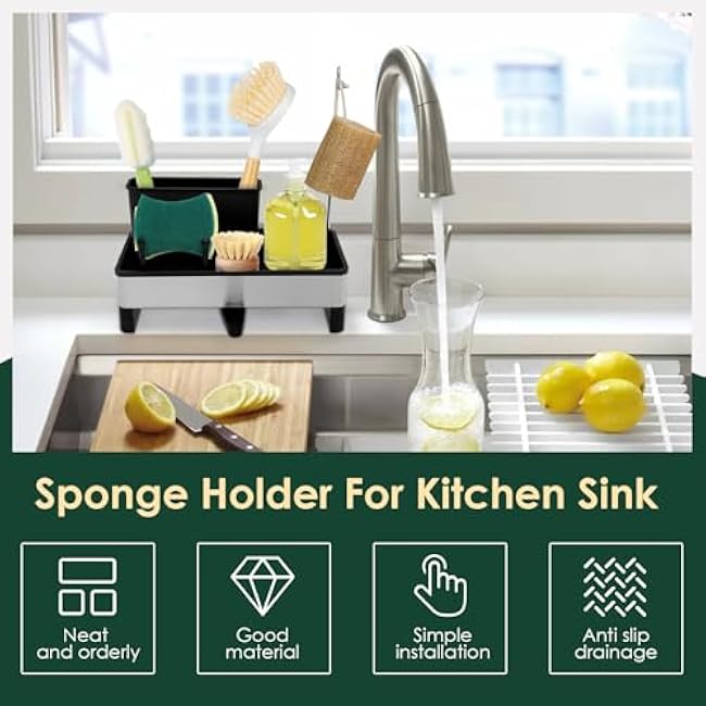 Sponge Holder for Kitchen Sink, Stainless Steel Sink Caddy with Auto-Drain, Space-Saving Kitchen Sinks Organizer with Removable Brush & Dishcloth Rack, Dish Sponge Holder for Countertop