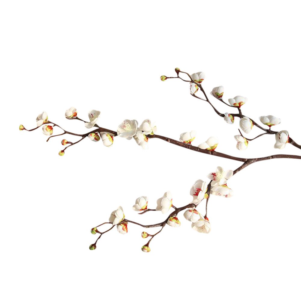 MuSheng Artificial Fake Flowers Cherry Plum Blossom Spray Artificial Flowers Branch Silk Flowers Tree Wedding Bouquet Party Home Decor (White)
