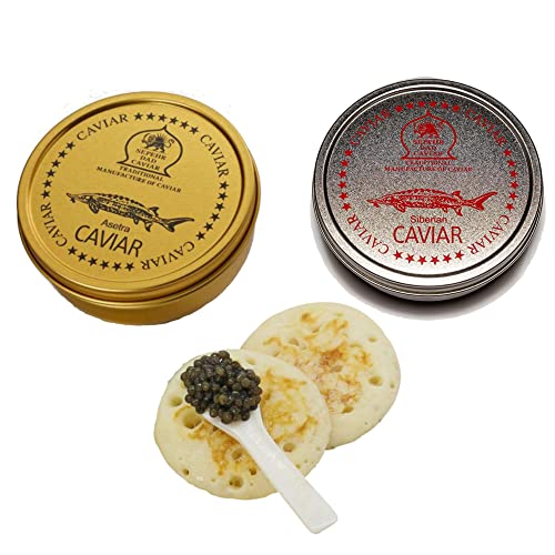 Sepehr Dad Kaviar Set Premium | 30g Siberian Kaviar & 30g Osietra Kaviar Fischrogen | 1x Perlmutlöffel | 1 Packung Blinis