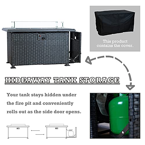 Kozyard 50,000 Btu Outdoor Wicker Patio Propane Gas Fire Pit Table W/Aluminum Tabletop, Glass Wind Guard, Clear Glass Rocks, Cover, Slide Out Tank Holder, And Lid (Gray) #TOP5