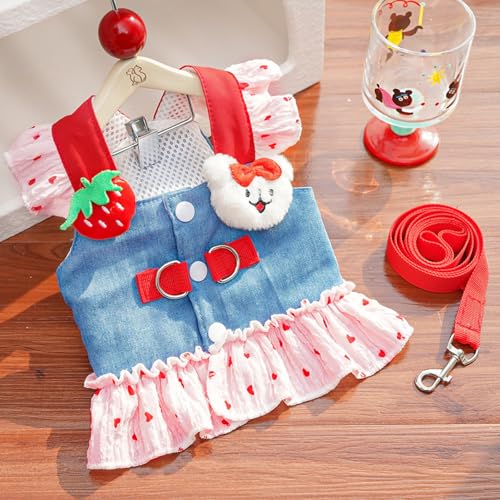 Disfraz cachorro vestido verano denim fresa con correa miniatura 2