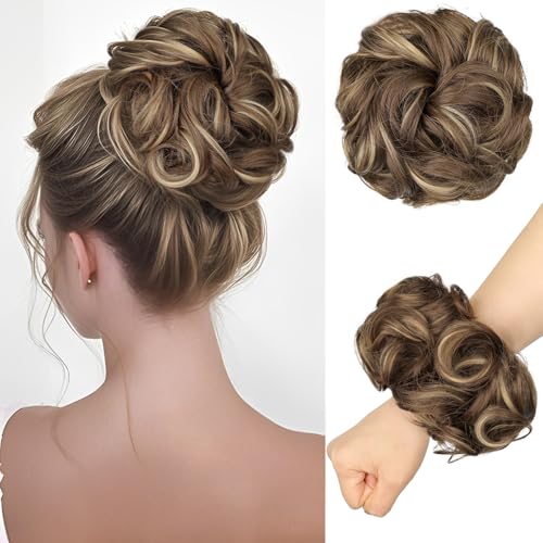 RONTAYA Messy Bun Hair Piece Wavy Curly Scrunchies Synthetic Chignon Ponytail Hair Extensions Thick Updo Hairpieces for Women Brunette/Ash Blonde