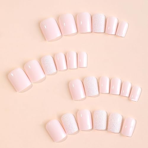 Miniatura 4 de fuldgaenr Uñas postizas cortas a presión, uñas cuadradas con purpurina con diseño de cobertura completa, uñas acrílicas de color rosa claro, uñas