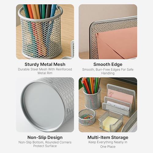 Image of The Better Home Set of 5 Drawer Organisers | Metal Mesh Design | Multipurpose Desk Organizer for Office Supplies | Pen Pencil Brush & Clip Holder | Powder Coated | Silver