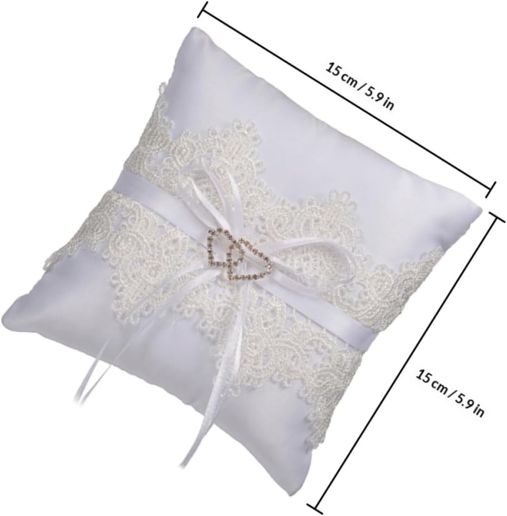 White Lace Double Heart Ring Bearer Pillow Hollow Embroidery Wedding Ring Cushion for Bridal and Flower Girl Decorative Pillow Pearl Accent for Wedding Ceremony