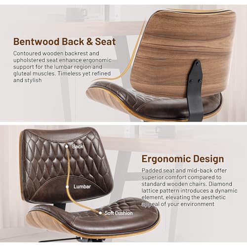 Image of Walnut Bentwood Mid Back Armless Office Chair 1 Pack, Adjustable Height PU Leather Swivel Desk Chair with Wheels, Rolling Computer Task Chair for Home Office, Study, Meeting Room