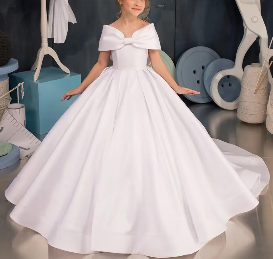 Flower Girl Dresses for Wedding Off Shoulder Elegant Satin Princess Pageant Dress with Bow-Knot First Communion Dresses2