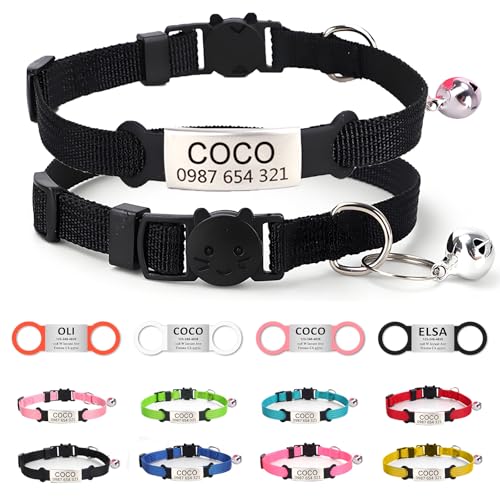 Robustes, langlebiges Katzenhalsband mit Namensschild und Glöckchen – personalisierbar mit Gravur von Name und Telefonnummer, für Verschiedene Katzentypen, Schwarz Robustes, langlebiges Katzenhalsband mit Namensschild und Glöckchen – personalisierbar mit Gravur von Name und Telefonnummer, für Verschiedene Katzentypen, Schwarz