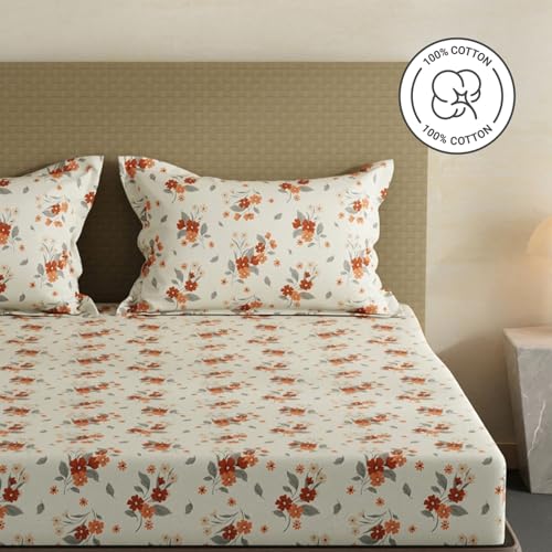 Image of Layers 100% Cotton Fitted Sheet for King Size Bed | Lumina Floret Collection | 144 TC Soft & Breathable | Floral Print with 2 Pillow Covers | Wrinkle Free & Colorfast | 3 Pc Bedding Set - White