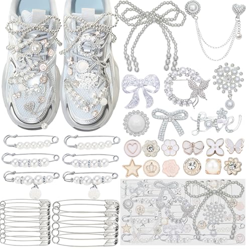 RoedCuoo 57PCS Junk Socks Charms Kit Silver Shoe Charms for Sneakers Pearl and Rhinestone Sock Charm with Safety Pins DIY Accessories for Decorating and Personalizing Socks Shoes Hats